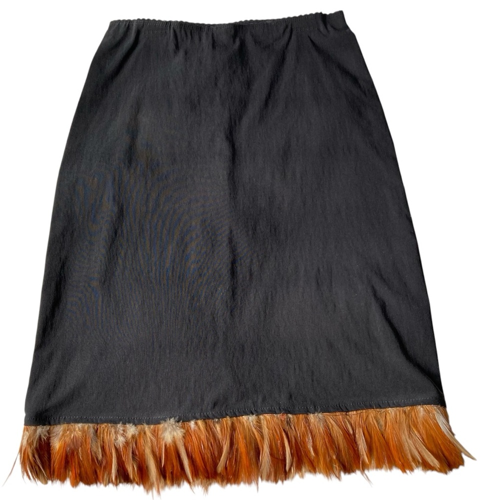 SOLE MIO | Black Stretch Midi Skirt with Natural Feather Hem Sz S